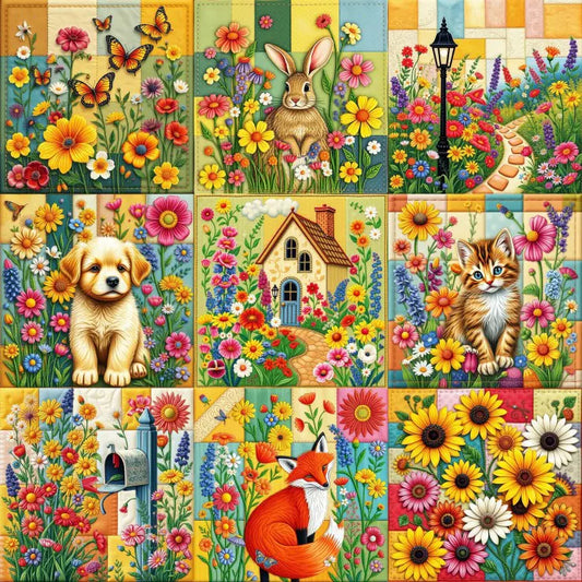 Alipson, Cottage garden nine patch quilt block 1000 palaa